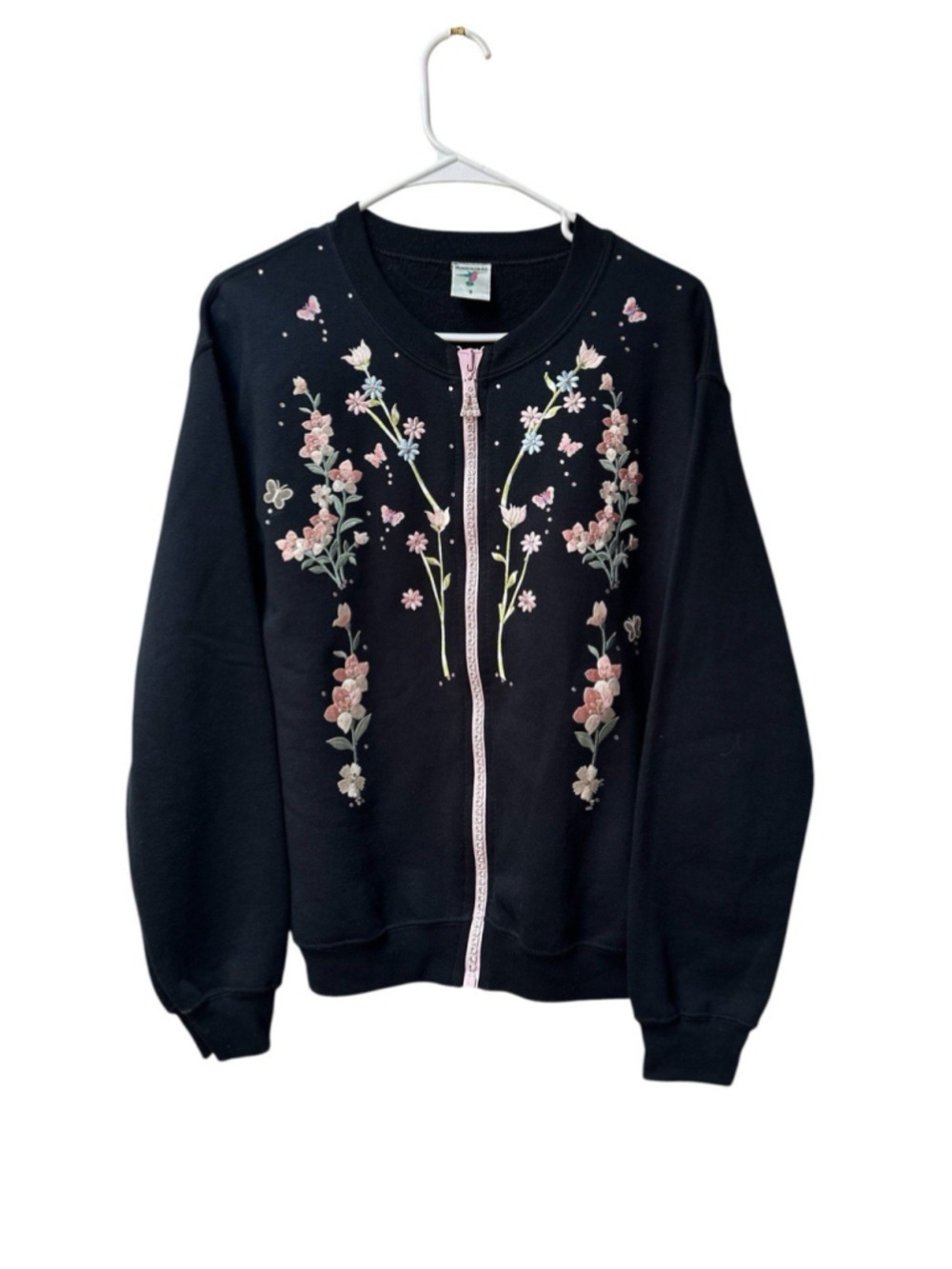 Fleece Floral Embroidered Sweater w/ Rhinestone Zipper Small Black Long Sleeves